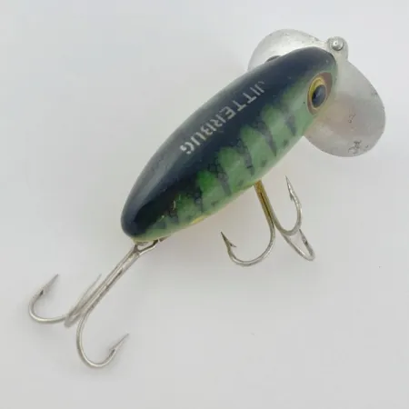 Fred Arbogast Jitterbug Early Bug Eye (1960s), 14g Vihreä tiikeri, pintauistin #23902