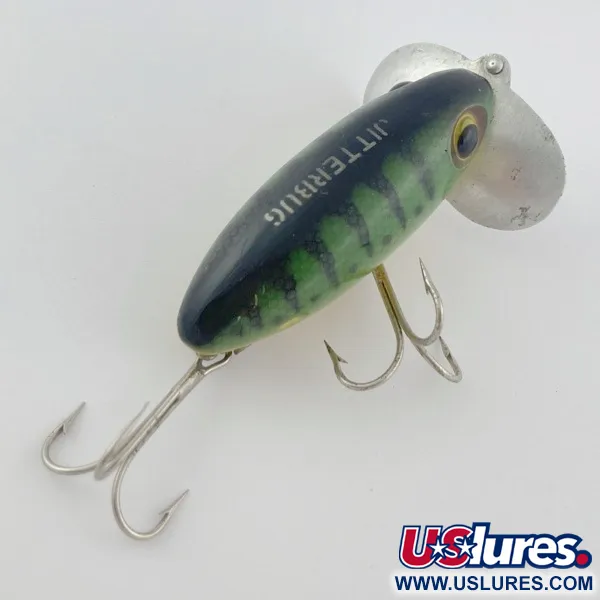 Fred Arbogast Jitterbug Early Bug Eye (1960s), 14g Vihreä tiikeri, pintauistin #23902
