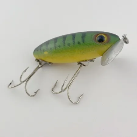 Fred Arbogast Jitterbug Early Bug Eye (1960s), 14g Vihreä tiikeri, pintauistin #23902